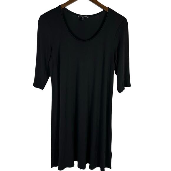 Eileen Fisher Black Stretch Silk Elbow Sleeve Tunic Dress L Minimalist Capsule - Picture 1 of 8